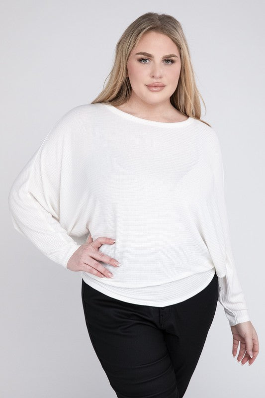 Plus Ribbed Batwing Long Sleeve Boat Neck Sweater - Zenana