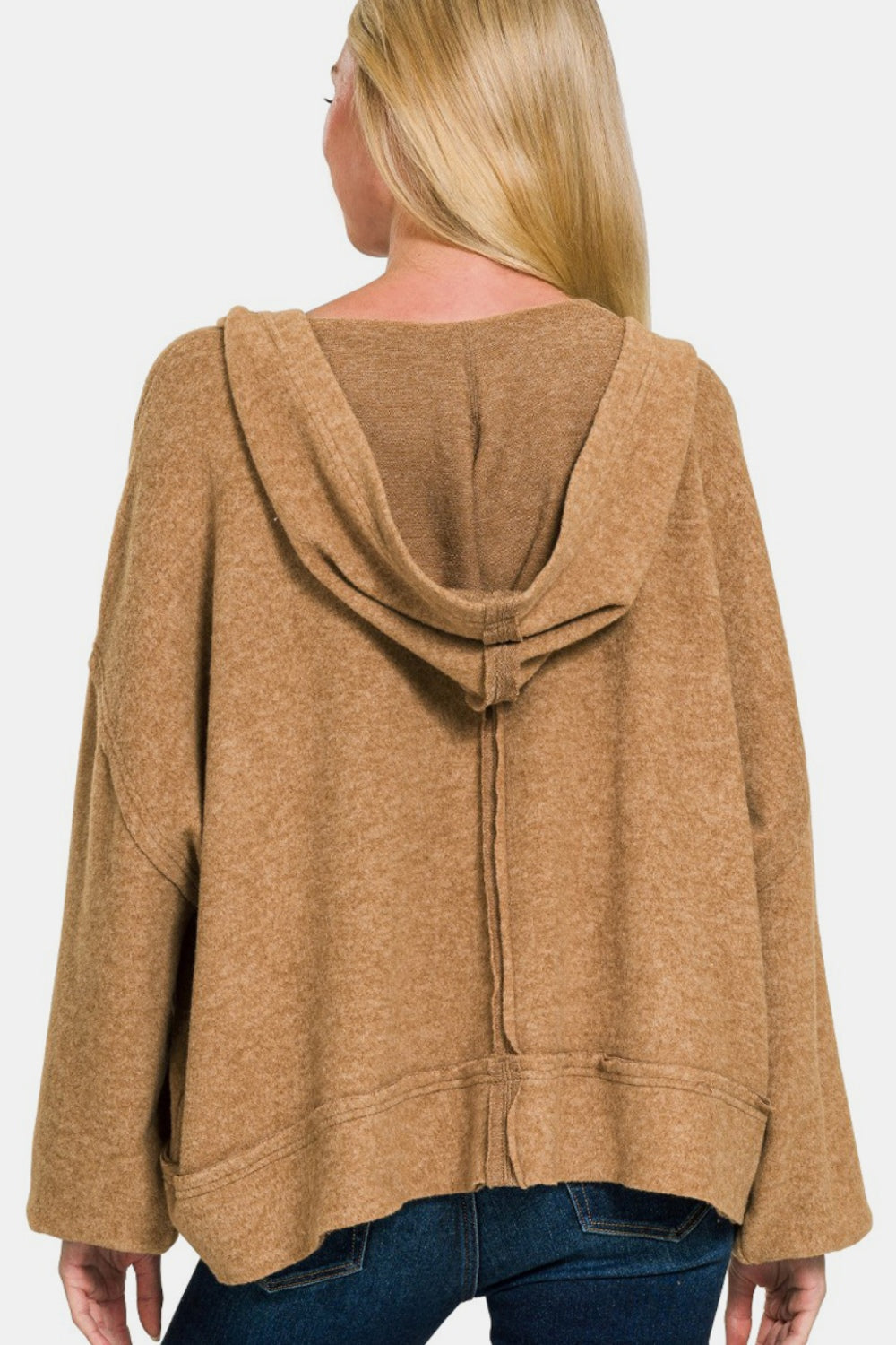 Zenana Brushed Hacci Exposed Seam Hoodie - Deep Camel