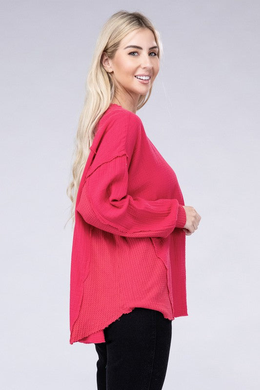 Double Gauze Oversized 3/4 Button Henley Neck Top - Zenana