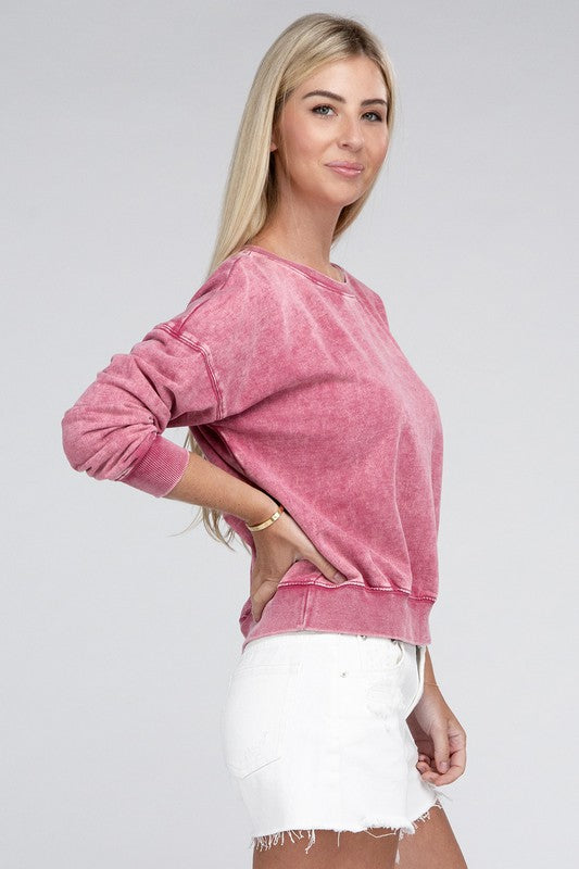 French Terry Acid Wash Boat Neck Pullover - Zenana