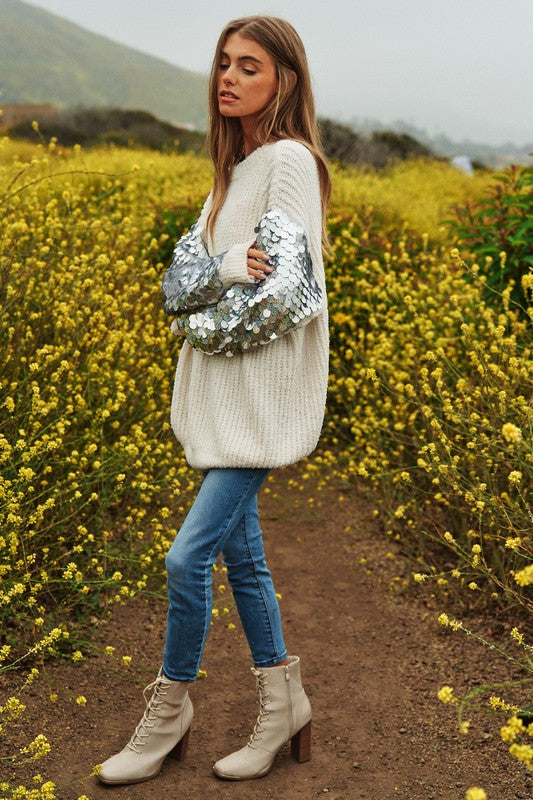 Sequin Sleeve Sweater Knit Tunic Top - Davi and Dani