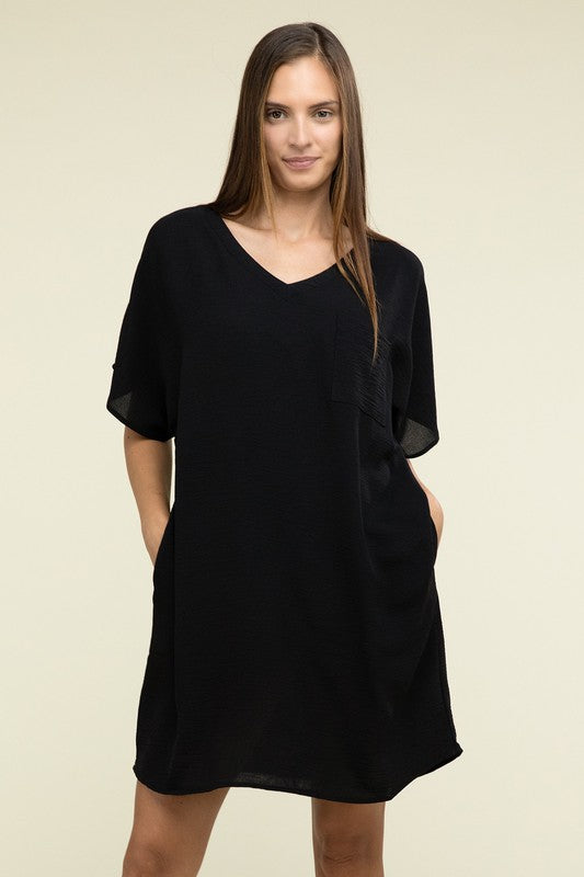 Woven Airflow V Neck T-Shirt Dress with Pockets - Zenana