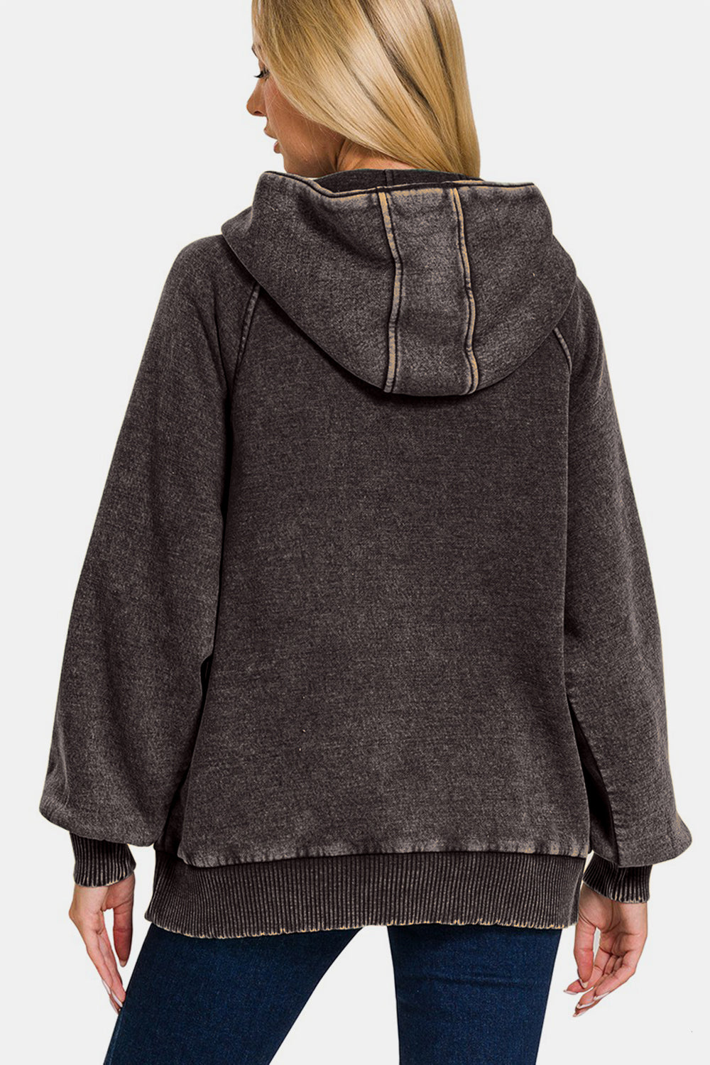 Zenana Acid Wash Fleece Kangaroo Hoodie - Ash Black