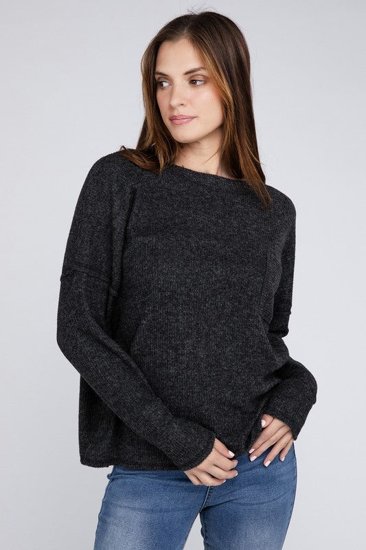 Ribbed Brushed Melange Hacci Sweater with a Pocket - Zenana