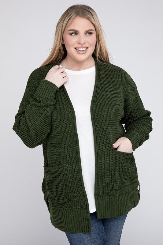 Plus Low Gauge Waffle Open Cardigan Sweater - Zenana