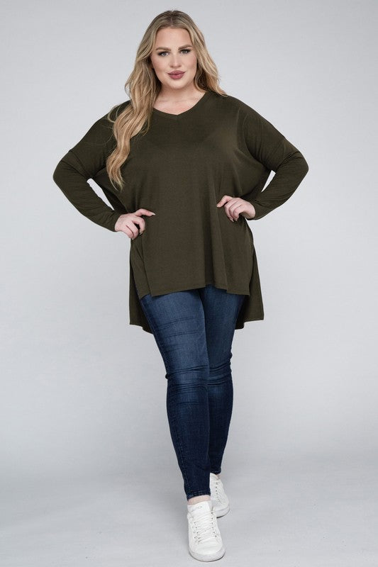 Plus Dolman Sleeve V-Neck Side Slit Hi-Low Hem Top - Zenana