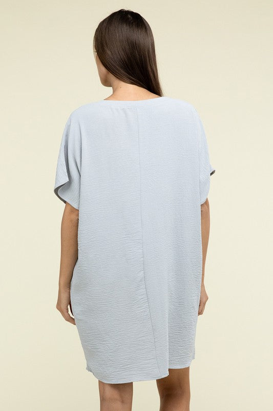 Woven Airflow V Neck T-Shirt Dress with Pockets - Zenana