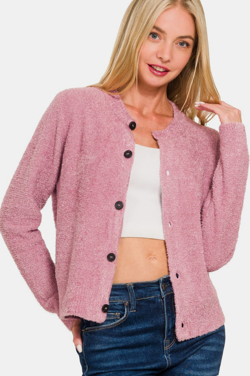 Zenana Button Down Long Sleeve Sweater Cardigan - Rose
