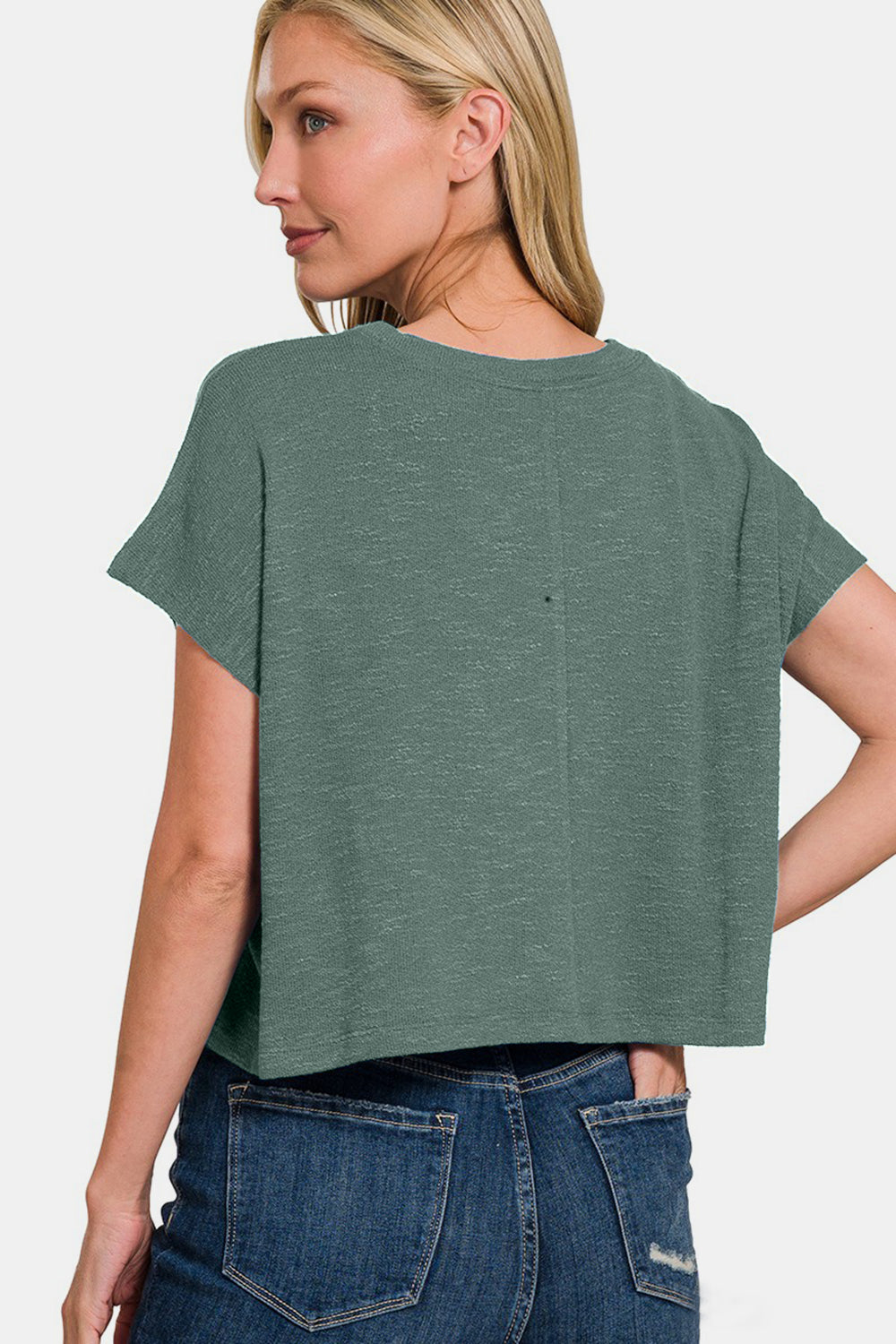 Zenana Round Neck Short Sleeve Crop T-Shirt - Ash Jade