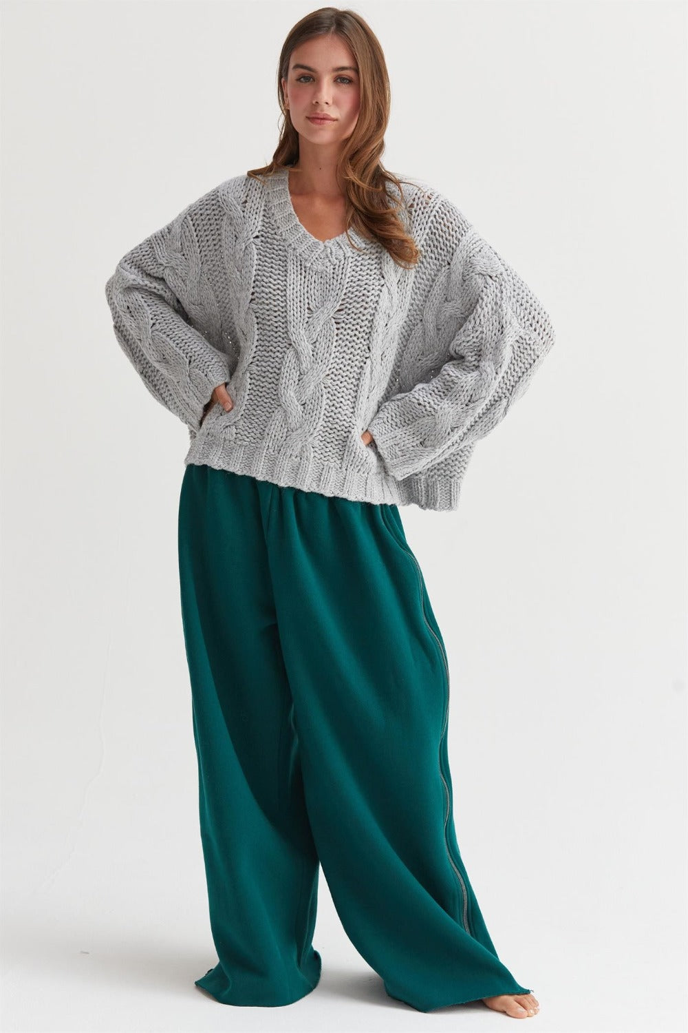 HYFVE Cable Knit V-Neck Sweater - Gray