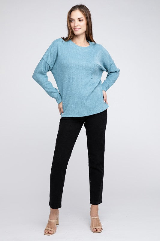 Ribbed Brushed Melange Hacci Sweater with a Pocket - Zenana