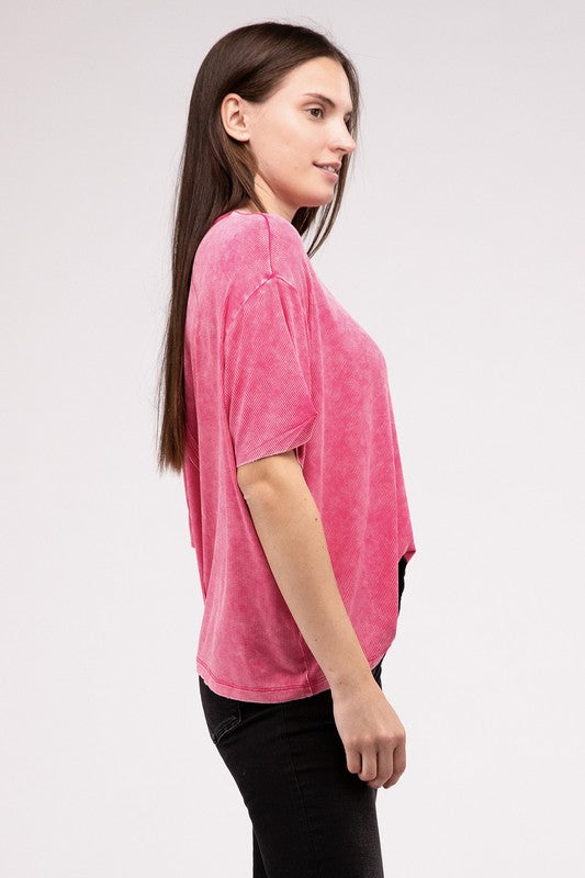 Washed Ribbed Cuffed Short Sleeve Round Neck Top - Zenana