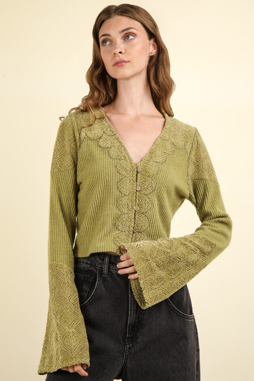 VERY J V-Neck Lace Detail Button Down Crop Ribbed Knit Top - Olive