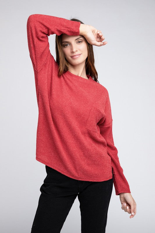 Ribbed Brushed Melange Hacci Sweater with a Pocket - Zenana