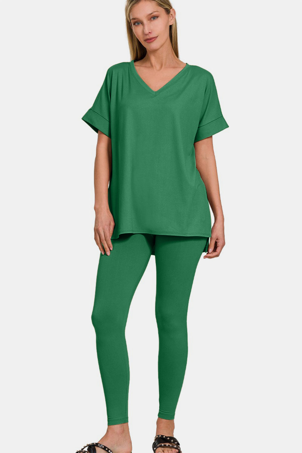 Zenana Full Size V-Neck Rolled Short Sleeve T-Shirt and Leggings Lounge Set - Forest