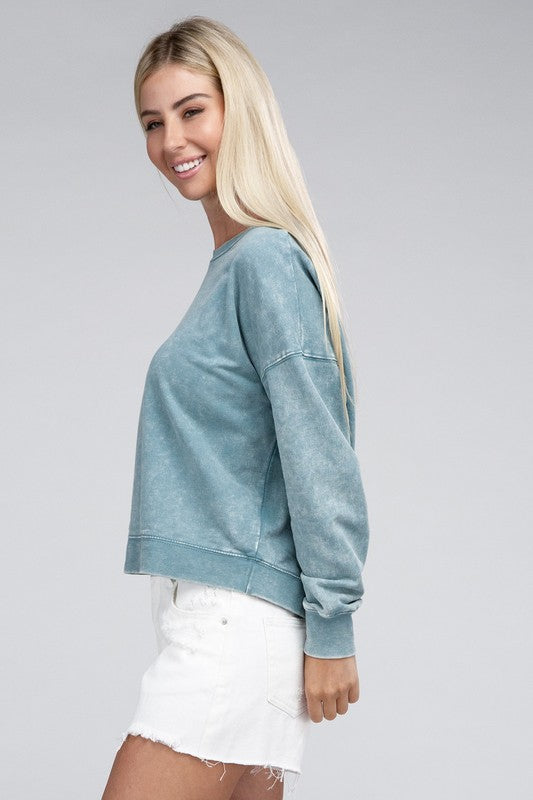 French Terry Acid Wash Boat Neck Pullover - Zenana