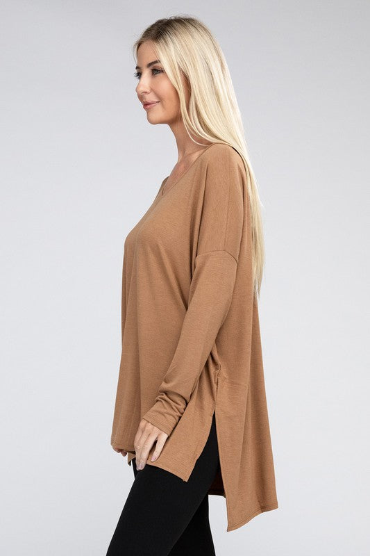 Dolman Long Sleeve V-Neck Side Slit Hi-Low Hem Top - Zenana
