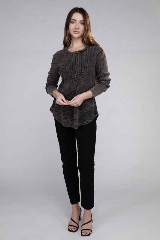 Washed Baby Waffle Long Sleeve Top - Zenana