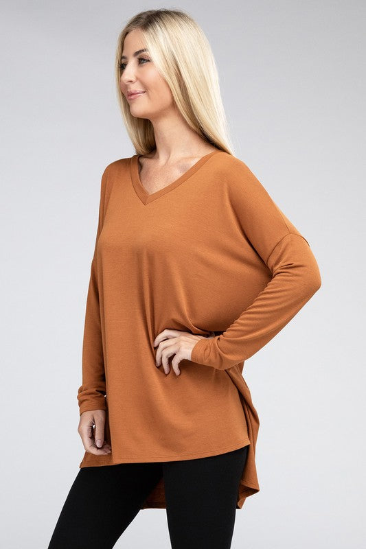 Dolman Long Sleeve V-Neck Side Slit Hi-Low Hem Top - Zenana