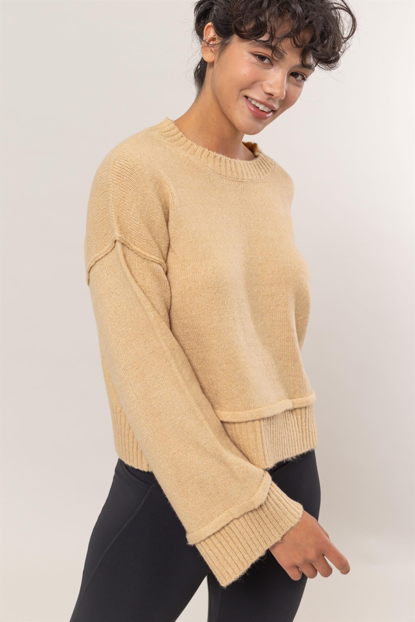 HYFVE Round Neck Dropped Shoulder Ribbed Sweater - Taupe
