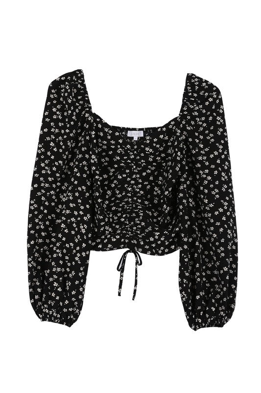Ruched Floral Print Crop Top With Puff Sleeves - Lilou