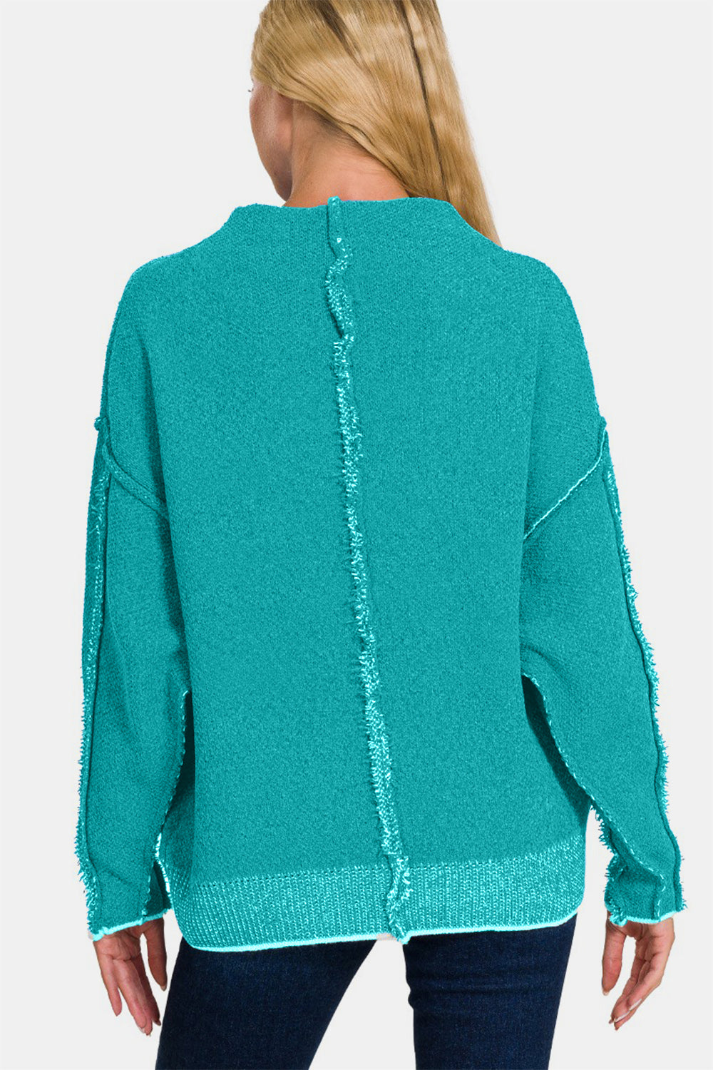 Zenana Exposed Seam Mock Neck Long Sleeve Sweater - Lt. Teal