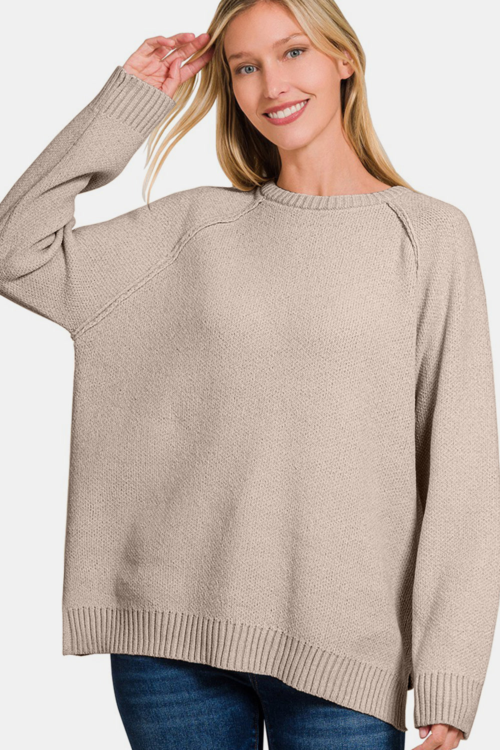 Zenana Side Slit Raglan Sleeve Sweater - Light Mocha