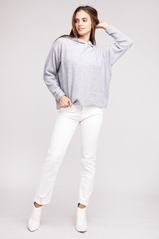 Hooded Brushed Melange Hacci Sweater - Zenana