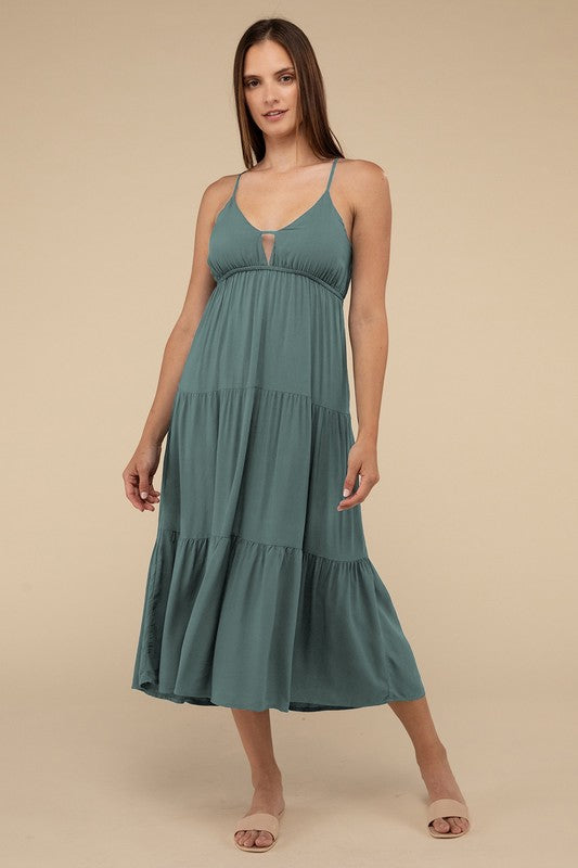 Woven Sweetheart Neckline Tiered Cami Midi Dress - Zenana