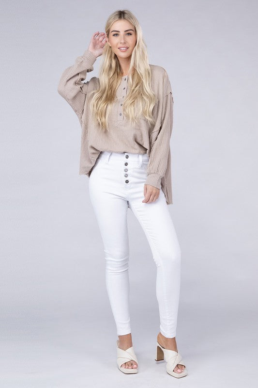 Double Gauze Oversized 3/4 Button Henley Neck Top - Zenana