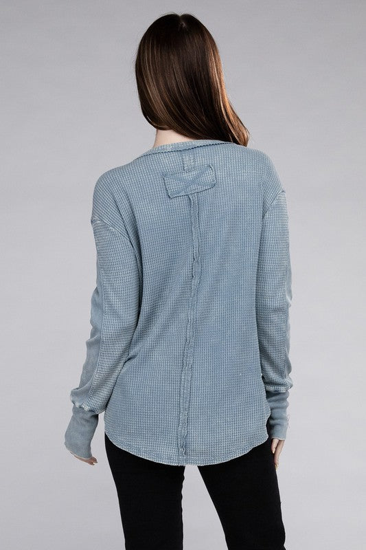 Washed Baby Waffle Long Sleeve Top - Zenana