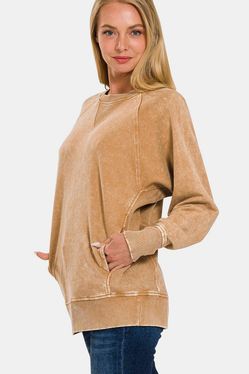 Zenana Pocketed Round Neck Sweatshirt - Camel