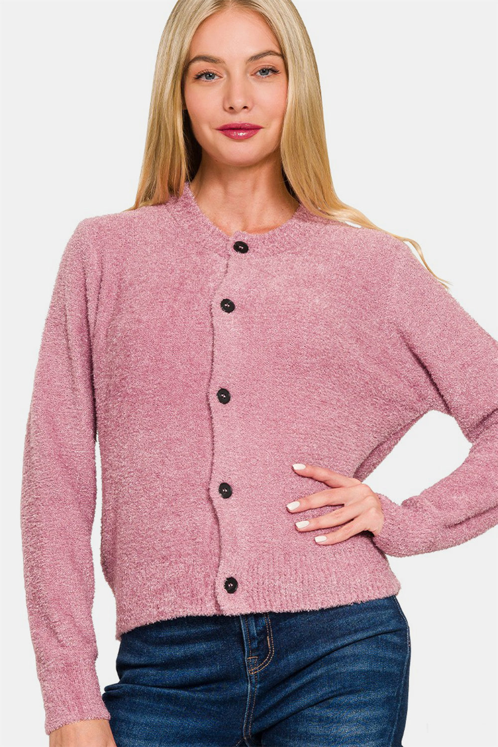 Zenana Button Down Long Sleeve Sweater Cardigan - Rose