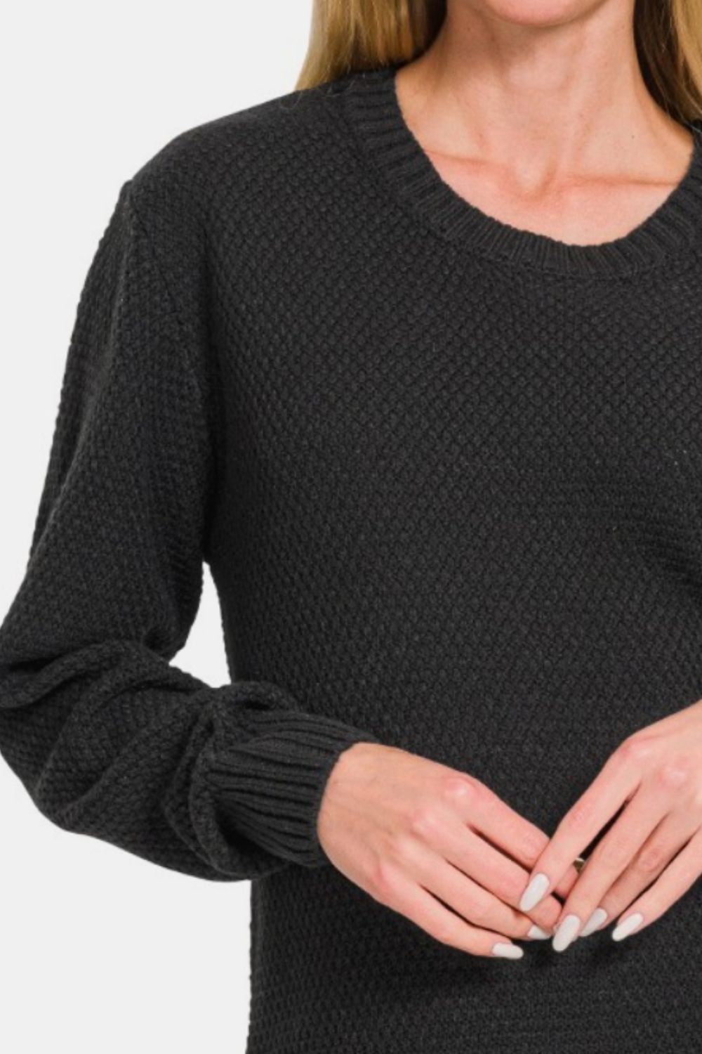 Zenana Ful Size Round Neck Long Sleeve Curved Hem Sweater - Black