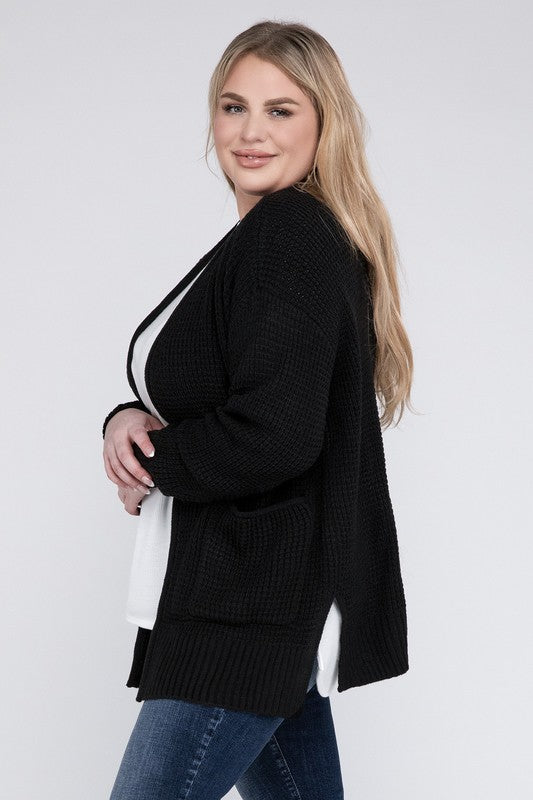Plus Low Gauge Waffle Open Cardigan Sweater - Zenana