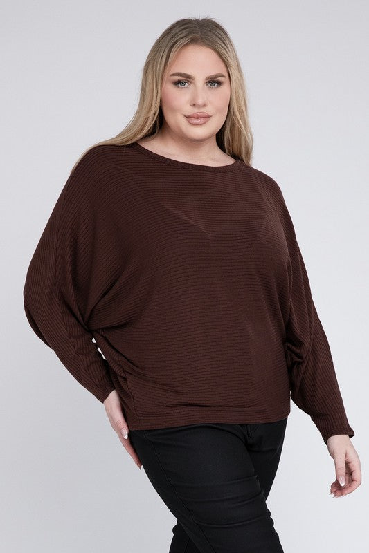 Plus Ribbed Batwing Long Sleeve Boat Neck Sweater - Zenana