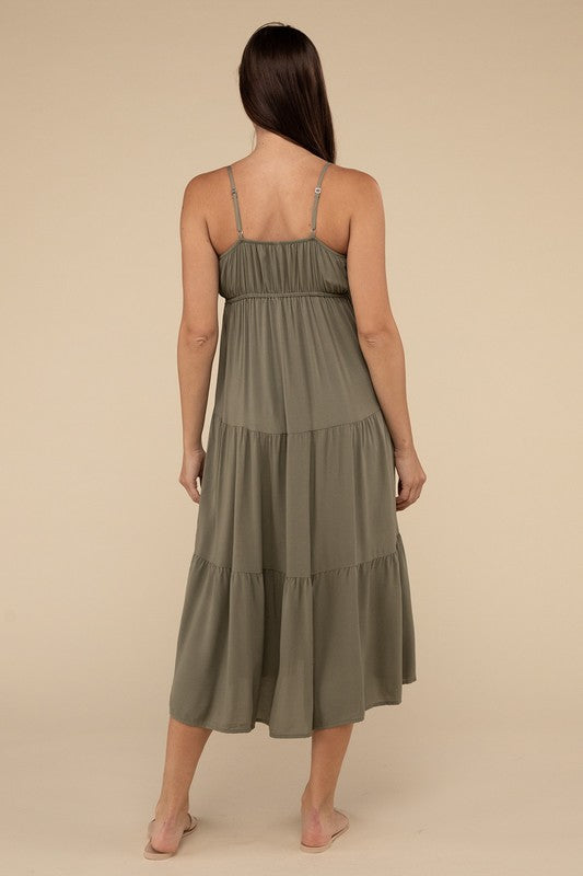 Woven Sweetheart Neckline Tiered Cami Midi Dress - Zenana