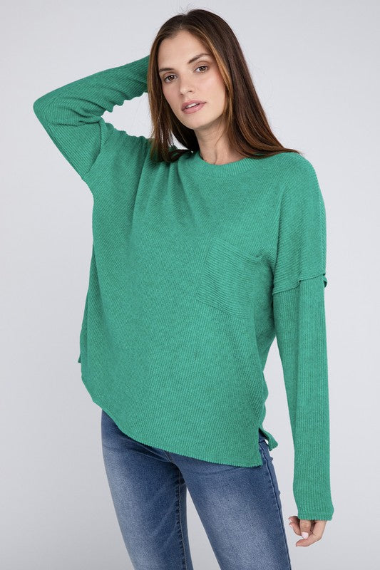 Ribbed Brushed Melange Hacci Sweater with a Pocket - Zenana