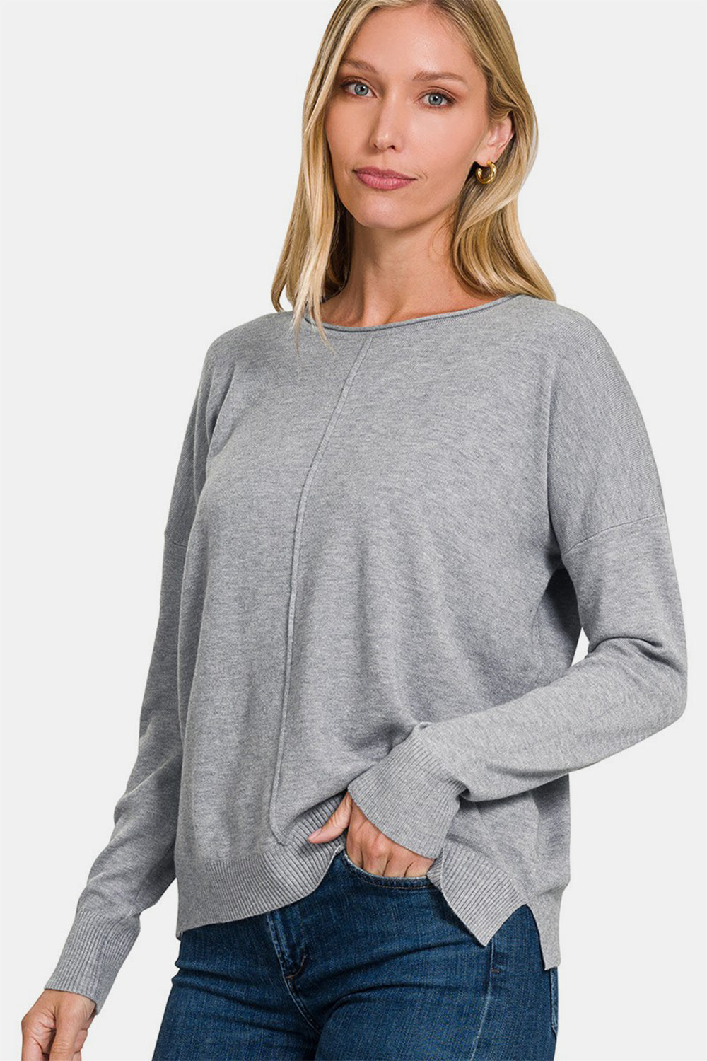 Zenana Front Seam Round Neck Sweater - Gray