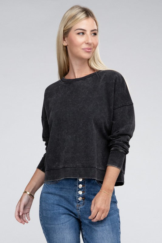 French Terry Acid Wash Boat Neck Pullover - Zenana