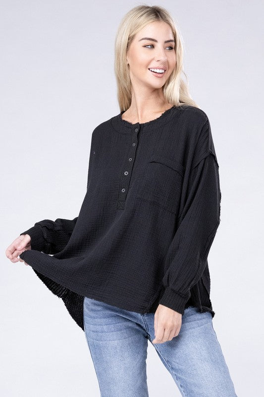 Double Gauze Oversized 3/4 Button Henley Neck Top - Zenana