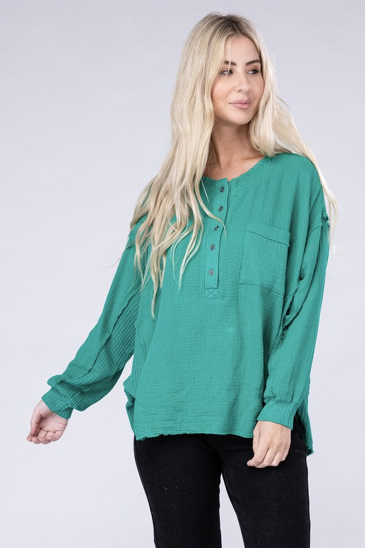 Double Gauze Oversized 3/4 Button Henley Neck Top - Zenana