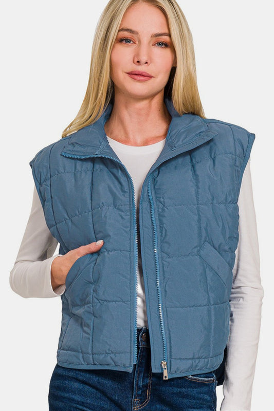Zenana Zip Up Cropped Puffer Vest with Pockets - Dusty Blue
