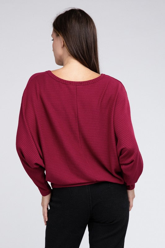 Ribbed Batwing Long Sleeve Boat Neck Sweater - Zenana