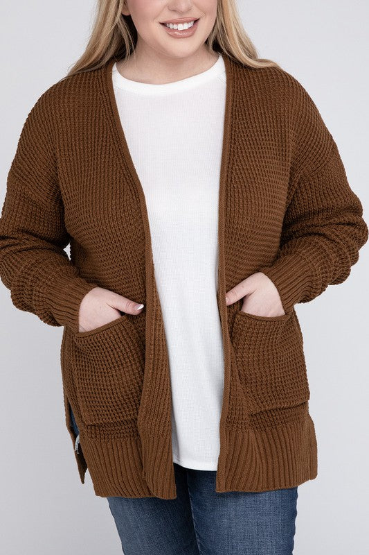 Plus Low Gauge Waffle Open Cardigan Sweater - Zenana