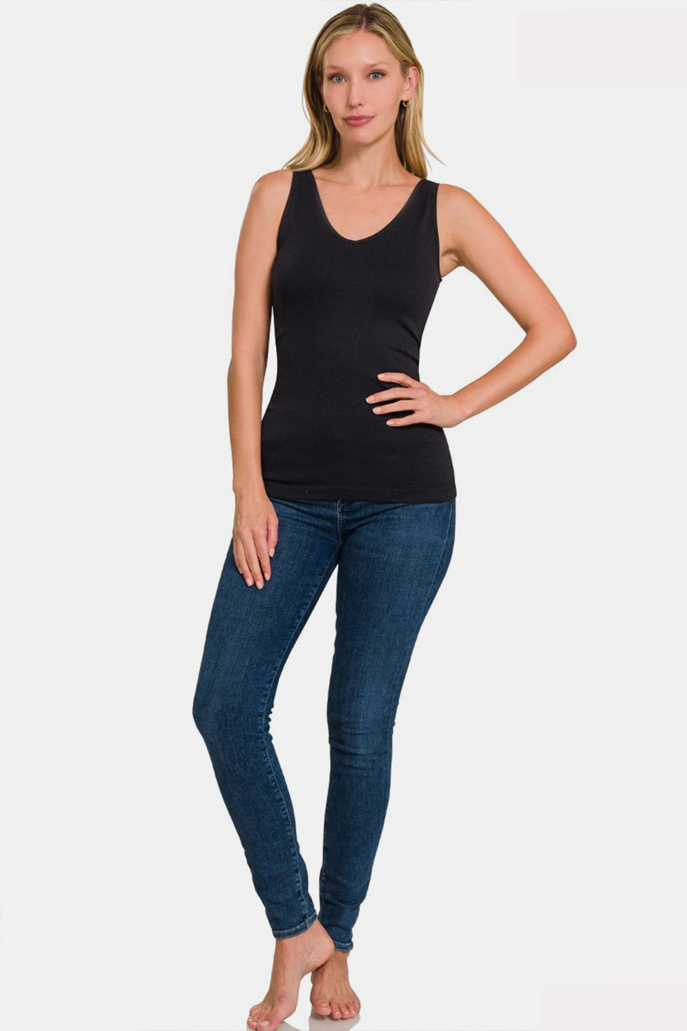 Zenana FRONT & BACK 2-WAY V-NECK / U-NECK SEAMLESS TANK - Black