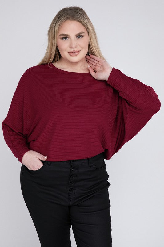 Plus Ribbed Batwing Long Sleeve Boat Neck Sweater - Zenana