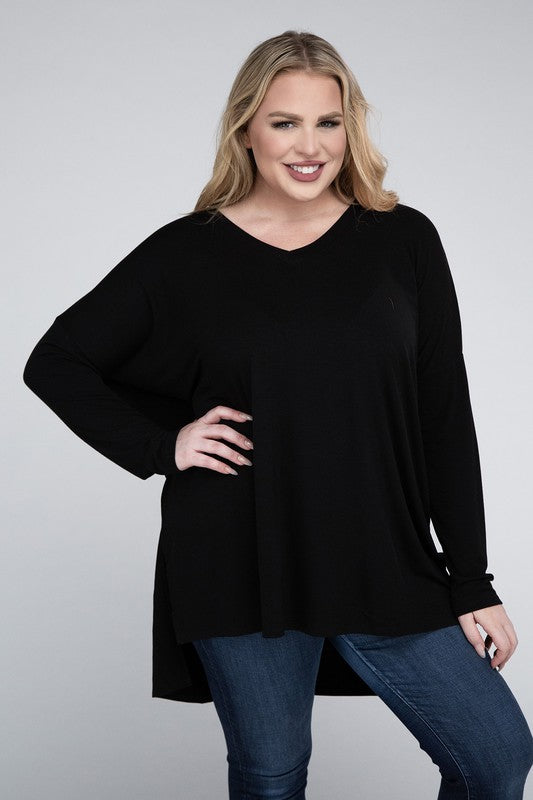 Plus Dolman Sleeve V-Neck Side Slit Hi-Low Hem Top - Zenana