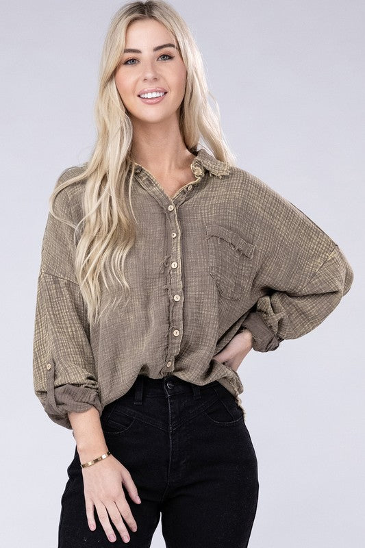 Washed Double Gauze Button Down Shirt - Zenana