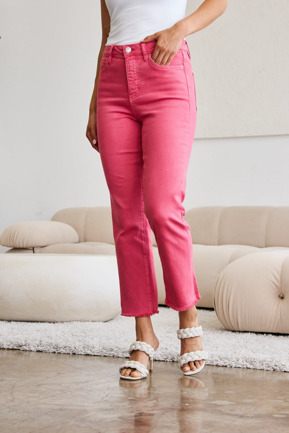 RFM Crop Dylan Full Size Tummy Control High Waist Raw Hem Jeans - Sunkissed